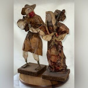 Paper Mache Vagabonds Male Female Rustic Brown Figurine Set on stands